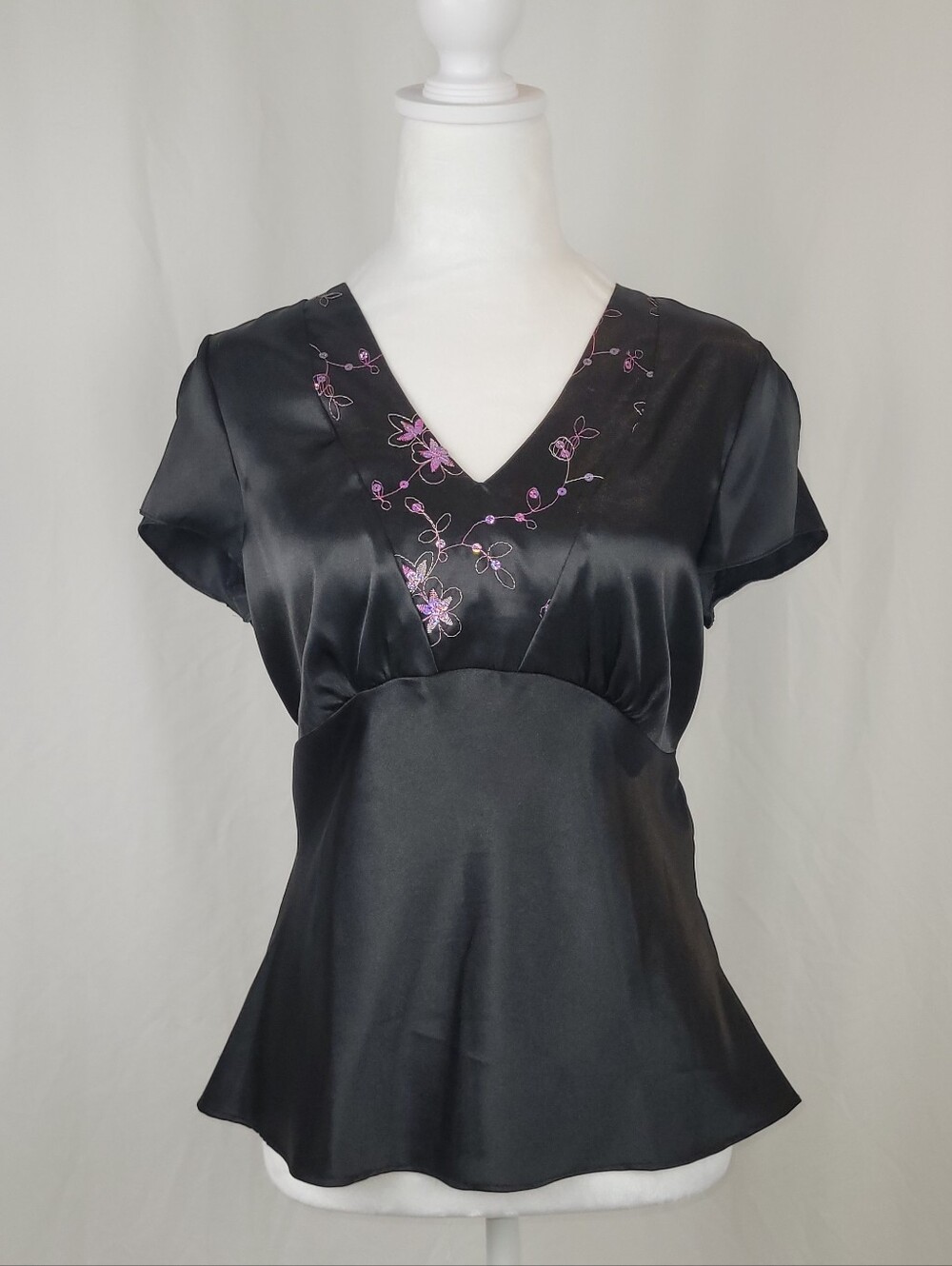 Black Satin V-Neck Top with Pink Floral Embroidery.Medium.